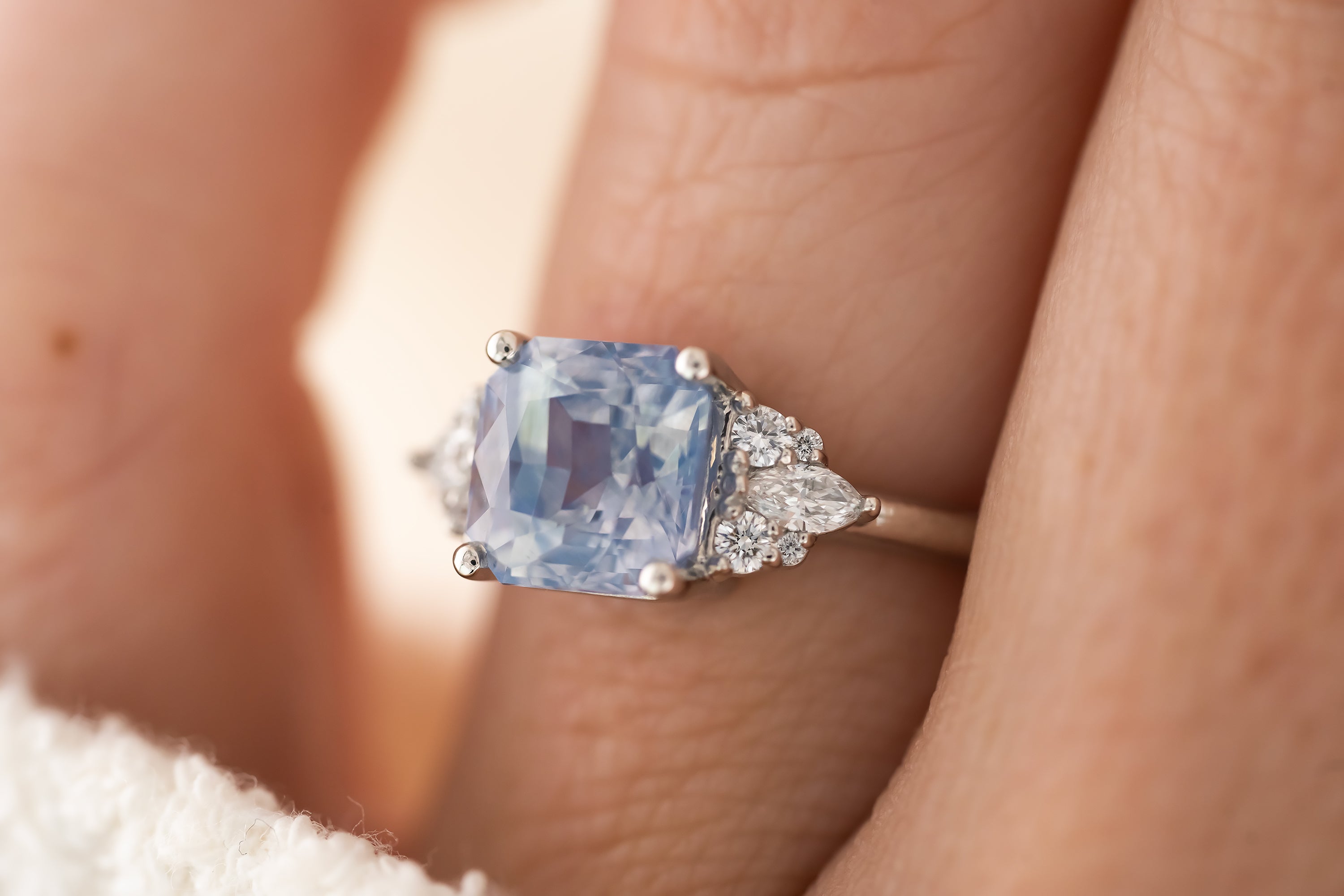 The Aya Ring | 3.5 CT Square Radiant Opalescent Light Blue Sapphire - Lavender Creek Gems 