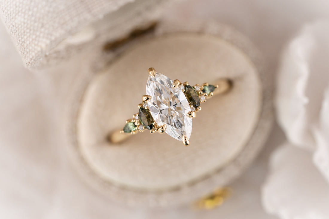 The Maeve Ring | 1.5 CT Marquise Diamond + Dark Green Sapphire - Lavender Creek Gems