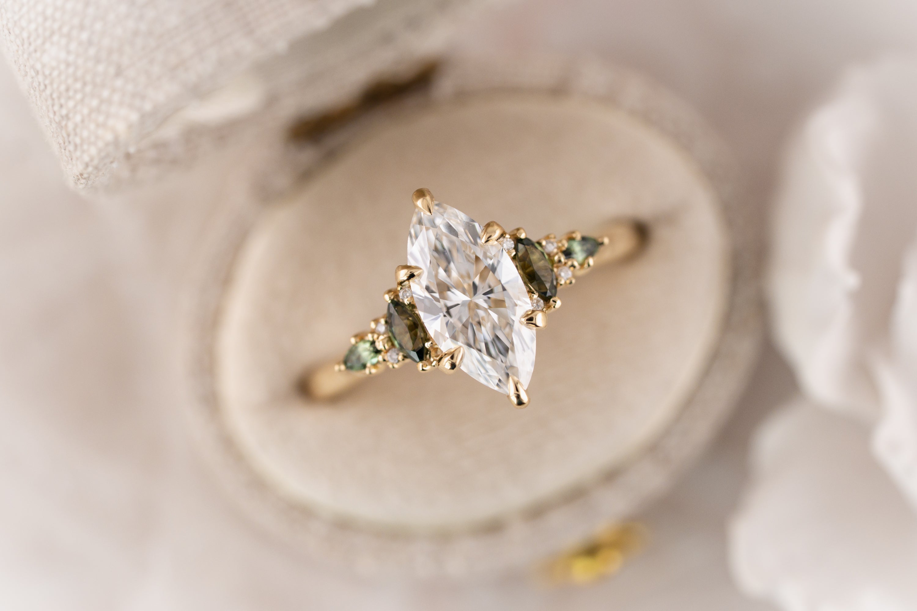 The Maeve Ring | 1.5 CT Marquise Diamond + Dark Green Sapphire