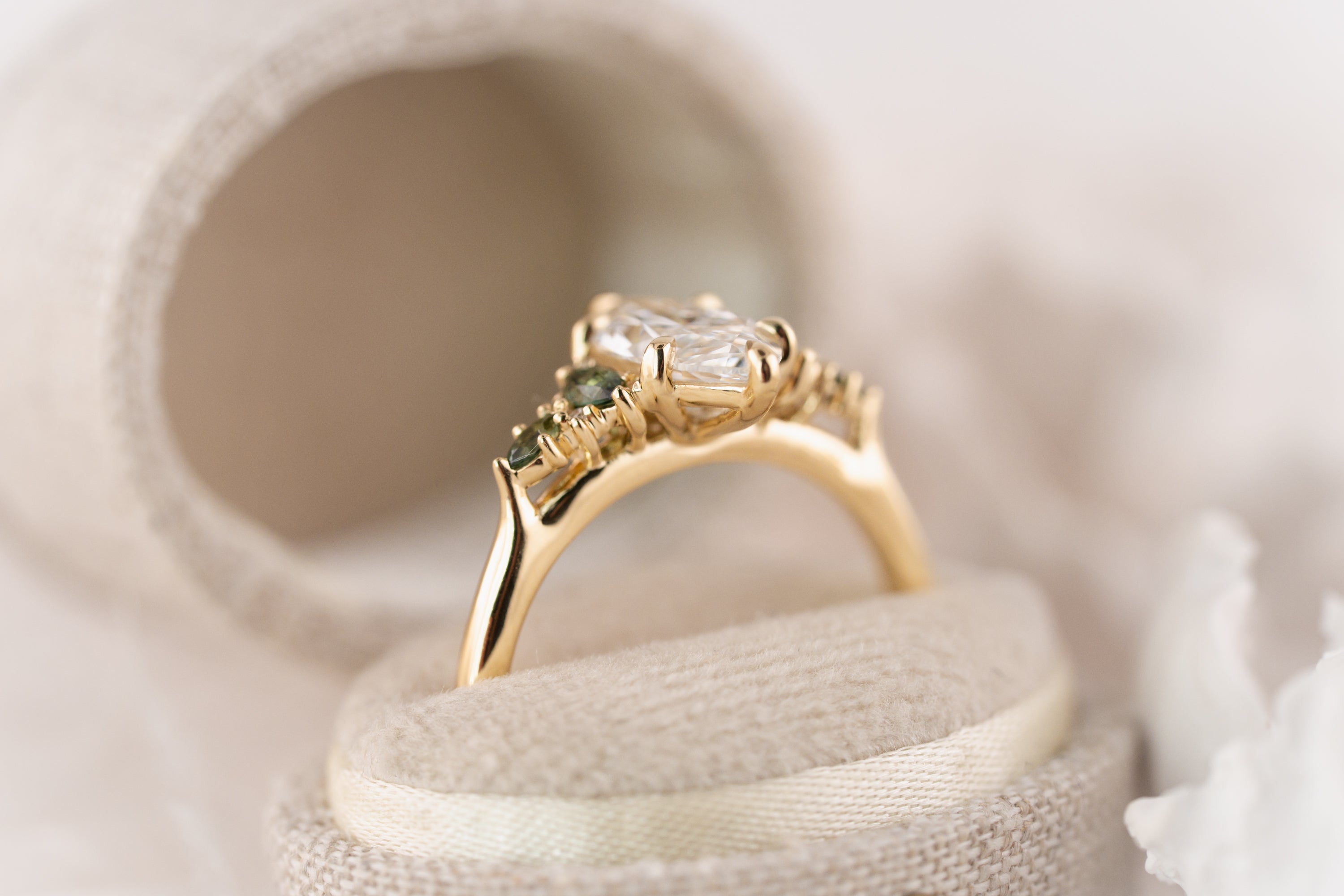 The Maeve Ring | 1.5 CT Marquise Diamond + Dark Green Sapphire
