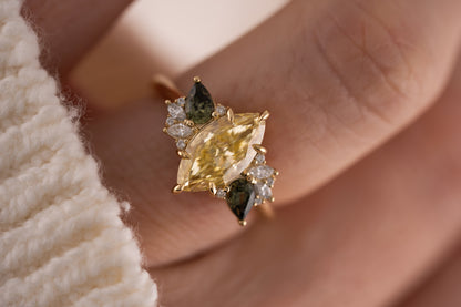 The Fleur Ring | 2.03 CT Marquise Yellow Diamond + Dark Green Sapphire - Lavender Creek Gems 