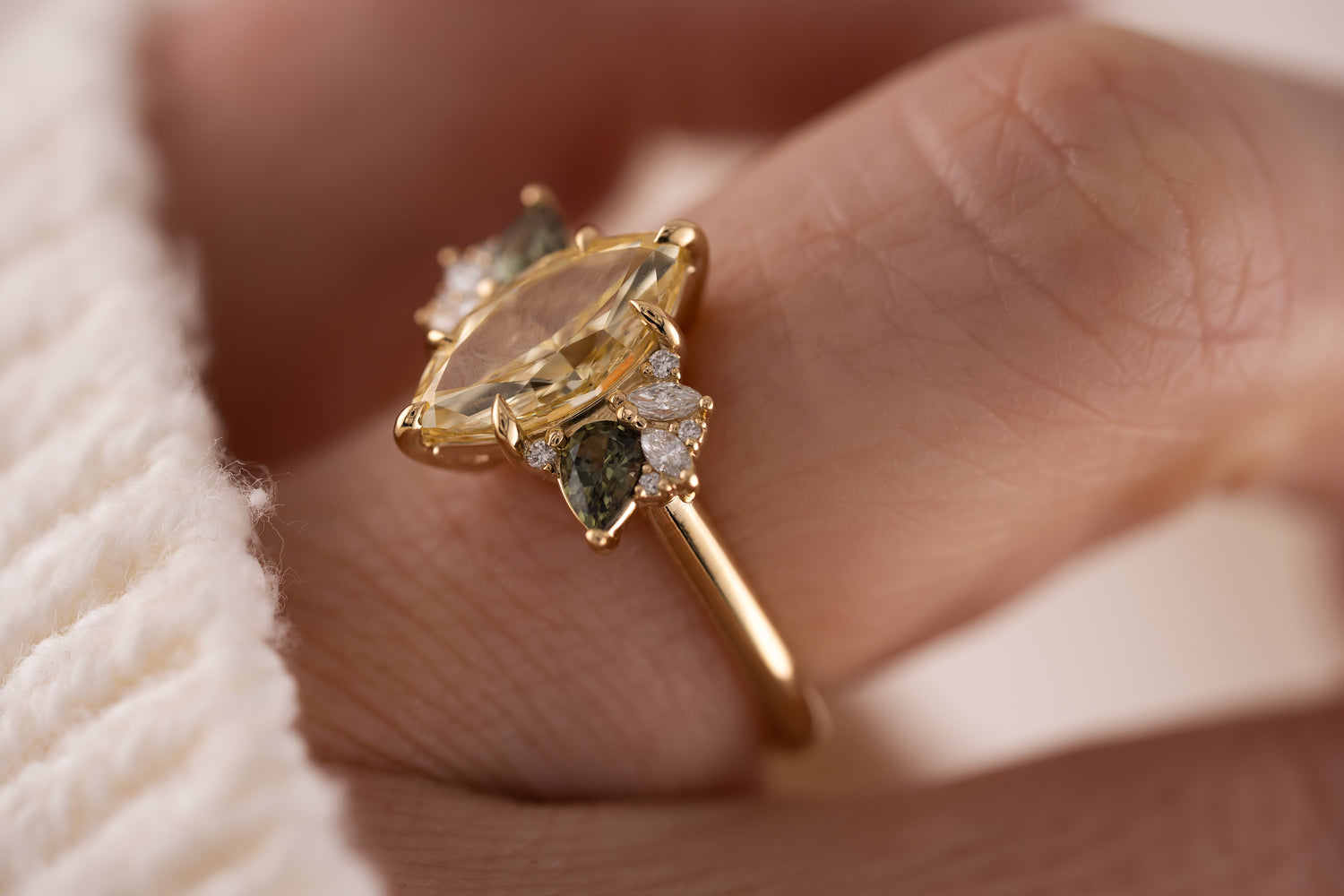 The Fleur Ring | 2.03 CT Marquise Yellow Diamond + Dark Green Sapphire - Lavender Creek Gems 