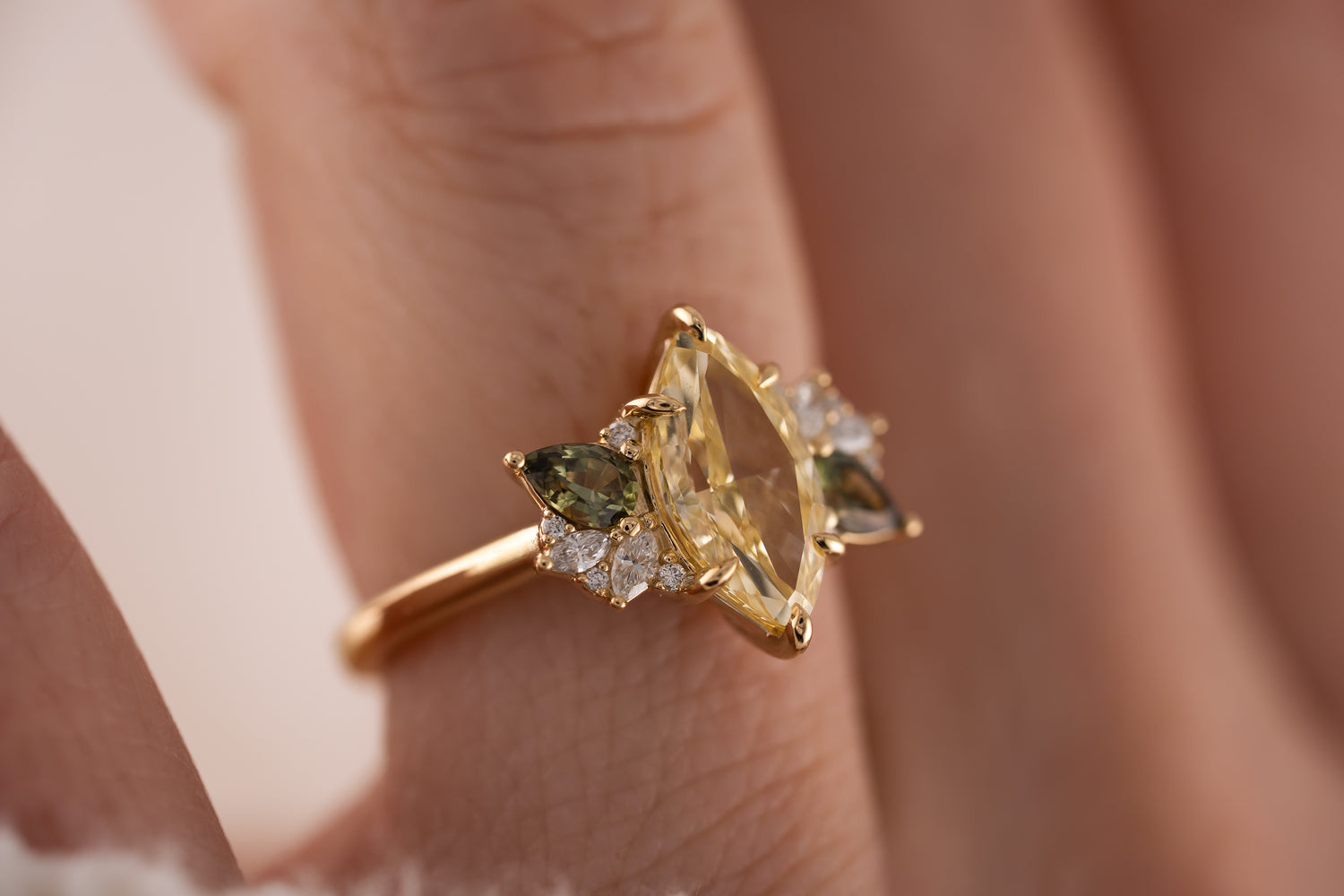 The Fleur Ring | 2.03 CT Marquise Yellow Diamond + Dark Green Sapphire - Lavender Creek Gems 
