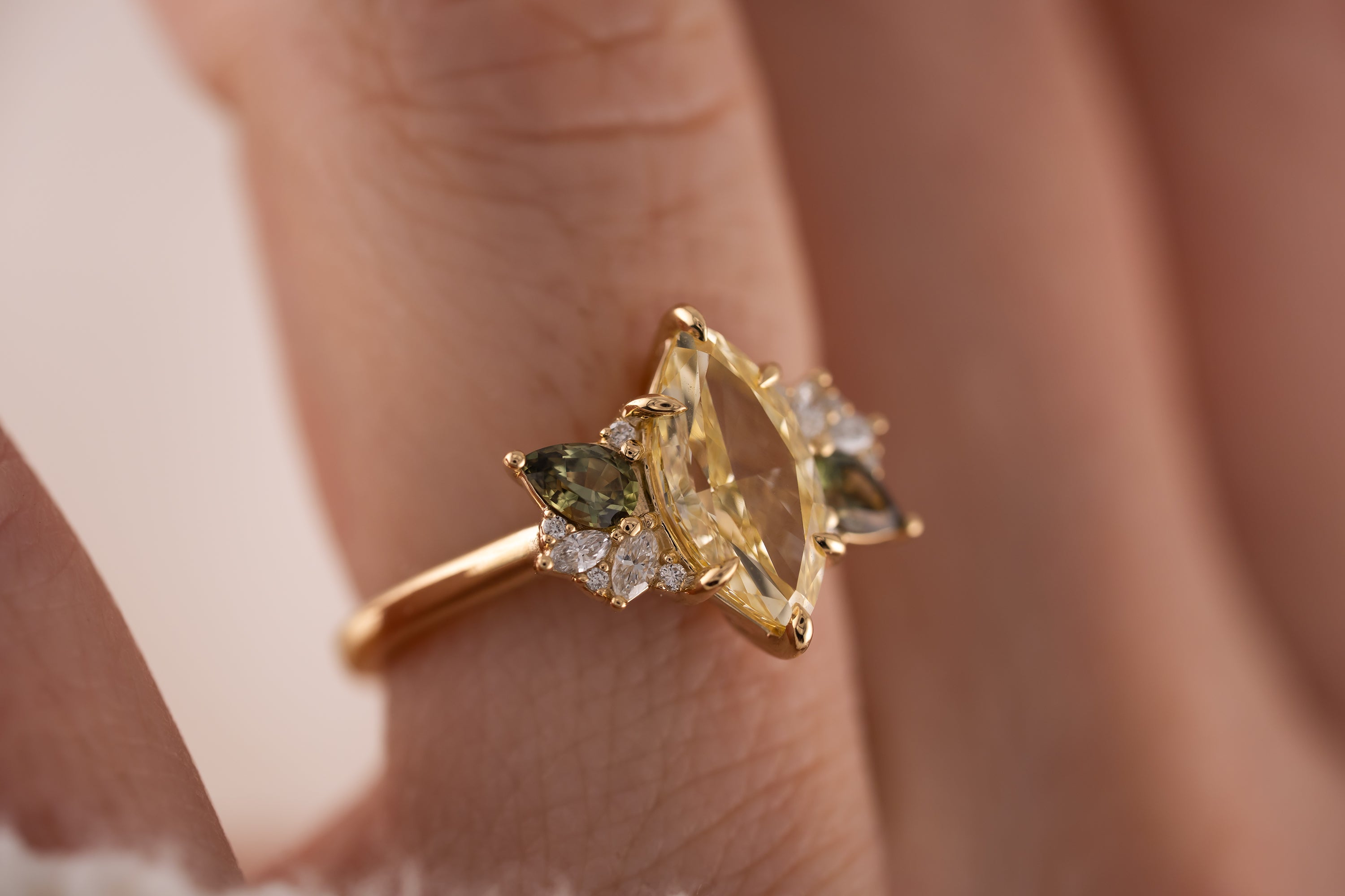 The Fleur Ring | 2.03 CT Marquise Yellow Diamond + Dark Green Sapphire - Lavender Creek Gems 