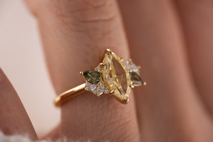 The Fleur Ring | 2.03 CT Marquise Yellow Diamond + Dark Green Sapphire - Lavender Creek Gems 