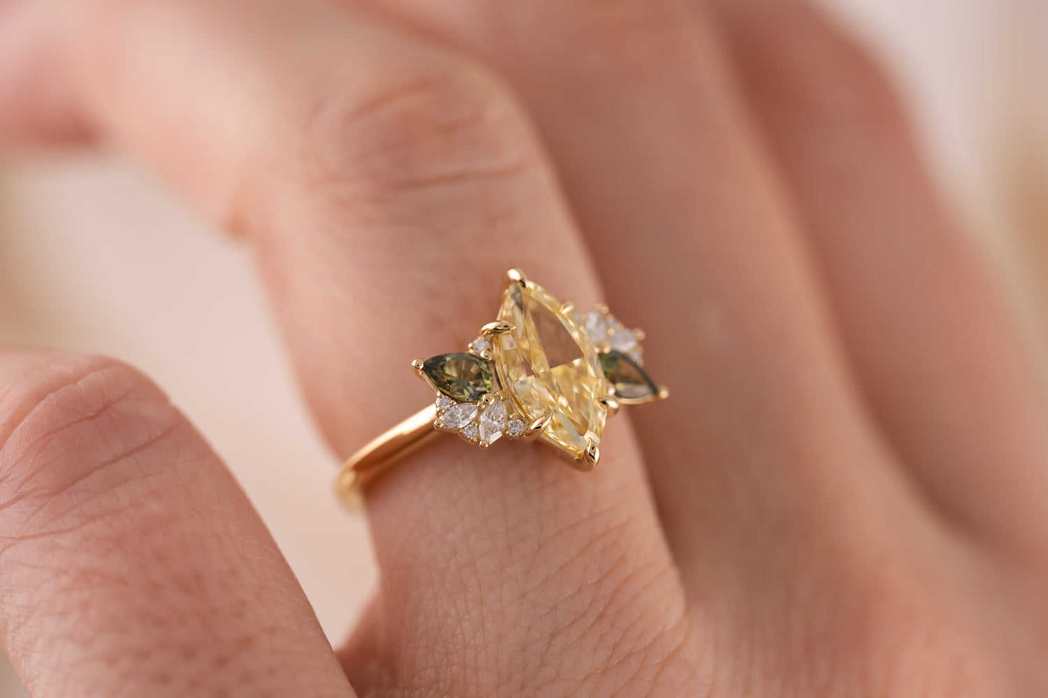 The Fleur Ring | 2.03 CT Marquise Yellow Diamond + Dark Green Sapphire - Lavender Creek Gems 