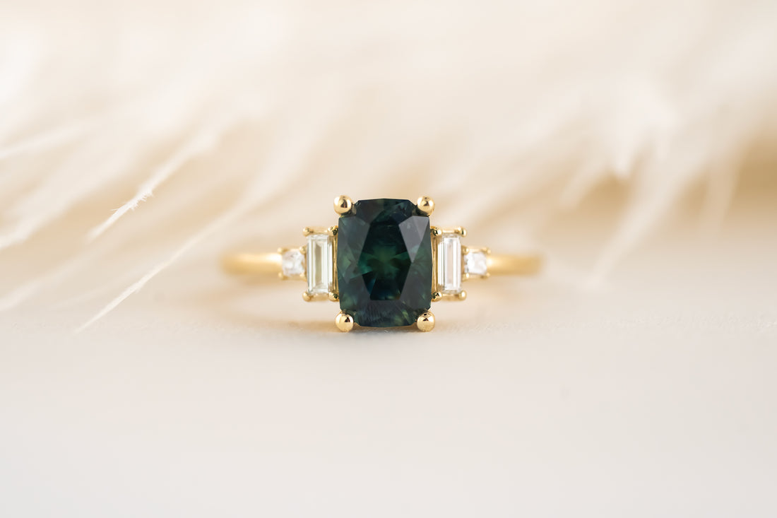 The Mira Ring | 1.7 CT Teal Elongated Cushion Montana Sapphire - Lavender Creek Gems 