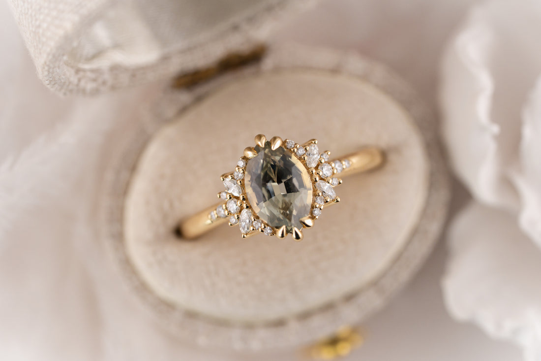 The Reverie Ring | 1.61 CT Marquise Gray Green Sapphire - Lavender Creek Gems