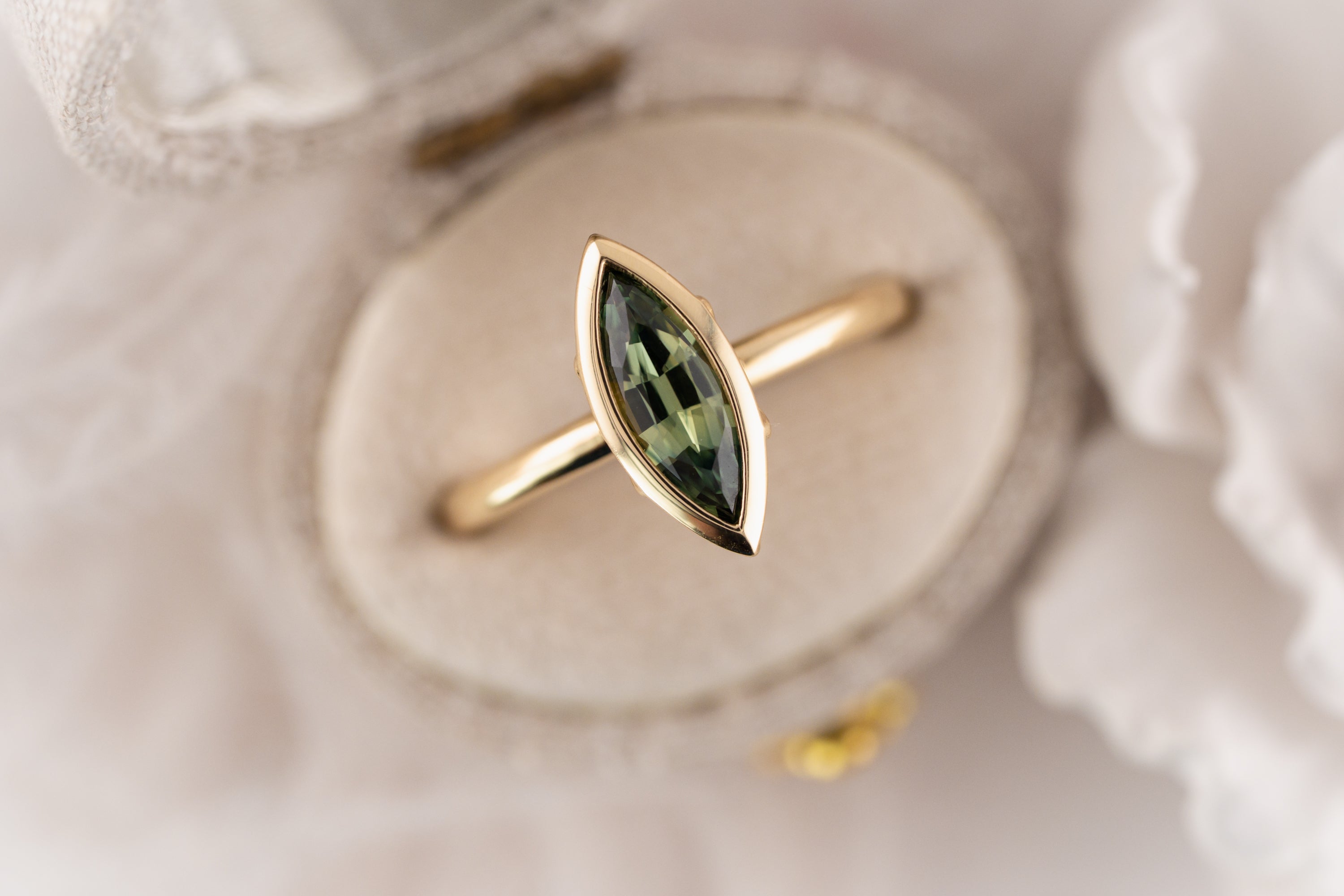 The Bezel Secret Garden Ring | 0.98 CT Marquise Green Sapphire - Lavender Creek Gems 