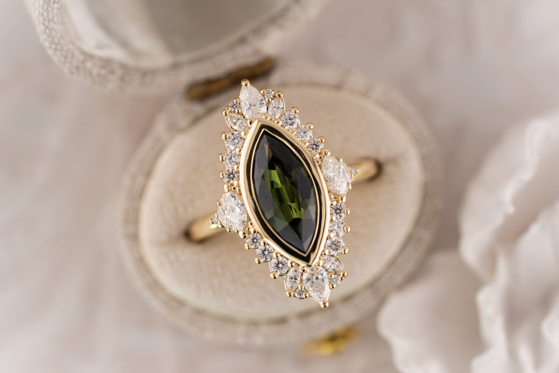 The Ethereal Ring | 1.76 CT Marquise Forest Green Sapphire - Lavender Creek Gems