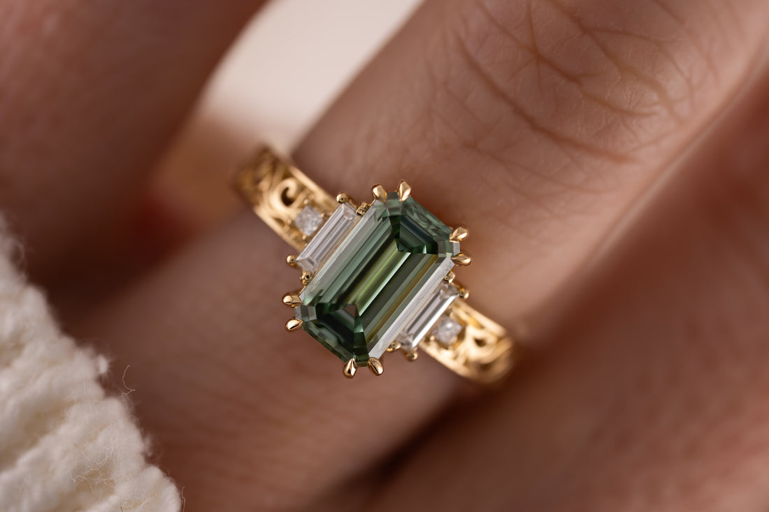 The Gilded Mira Ring | 2.6 CT Emerald Cut Green Diamond - Lavender Creek Gems 