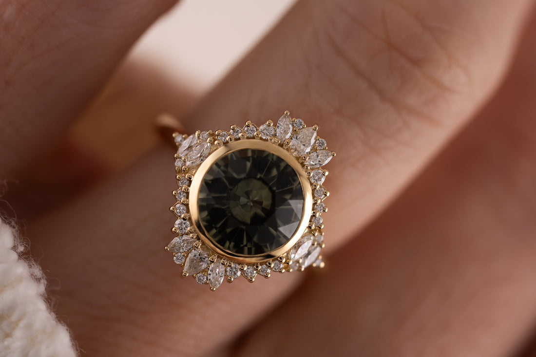 The Ethereal Ring | 3.6 CT Round Dark Green Sapphire - Lavender Creek Gems 