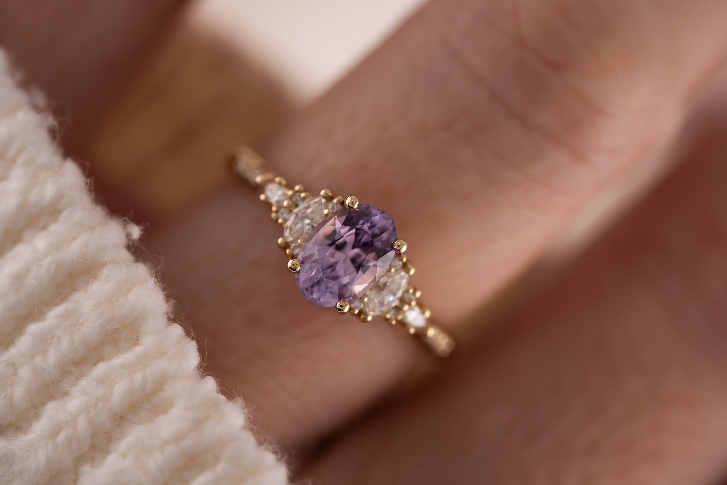 The Maeve Ring | 1.24 Oval Lavender Sapphire Maeve | Accented Shank - Lavender Creek Gems 
