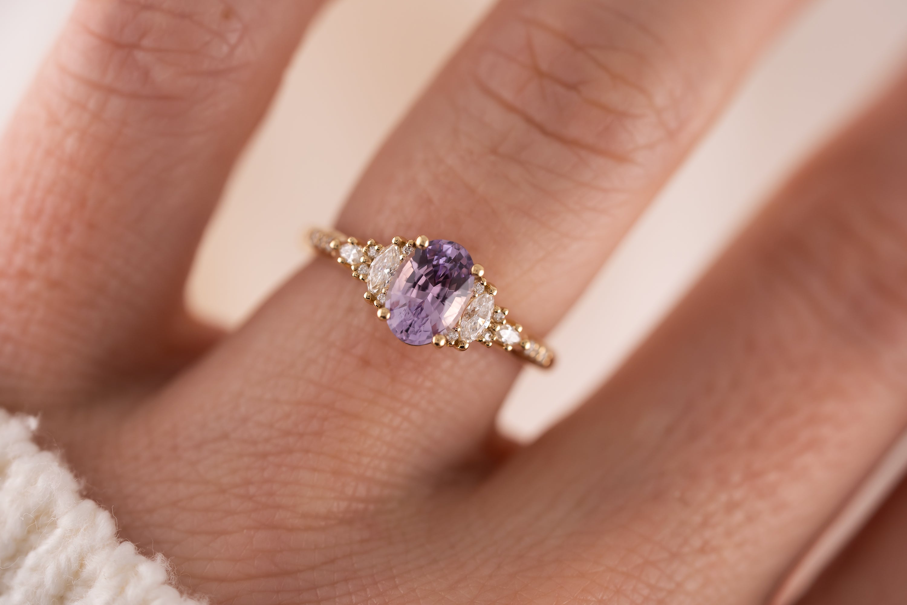 The Maeve Ring | 1.24 Oval Lavender Sapphire Maeve | Accented Shank - Lavender Creek Gems 
