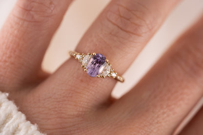 The Maeve Ring | 1.24 Oval Lavender Sapphire Maeve | Accented Shank - Lavender Creek Gems 