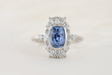 The Lace Ring | 2 CT Elongated Cushion Light Blue Sapphire - Lavender Creek Gems 