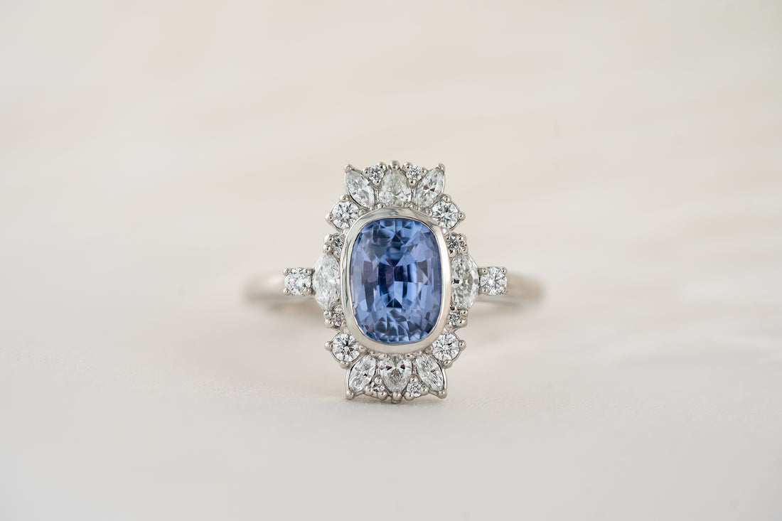 The Lace Ring | 2 CT Elongated Cushion Light Blue Sapphire - Lavender Creek Gems 