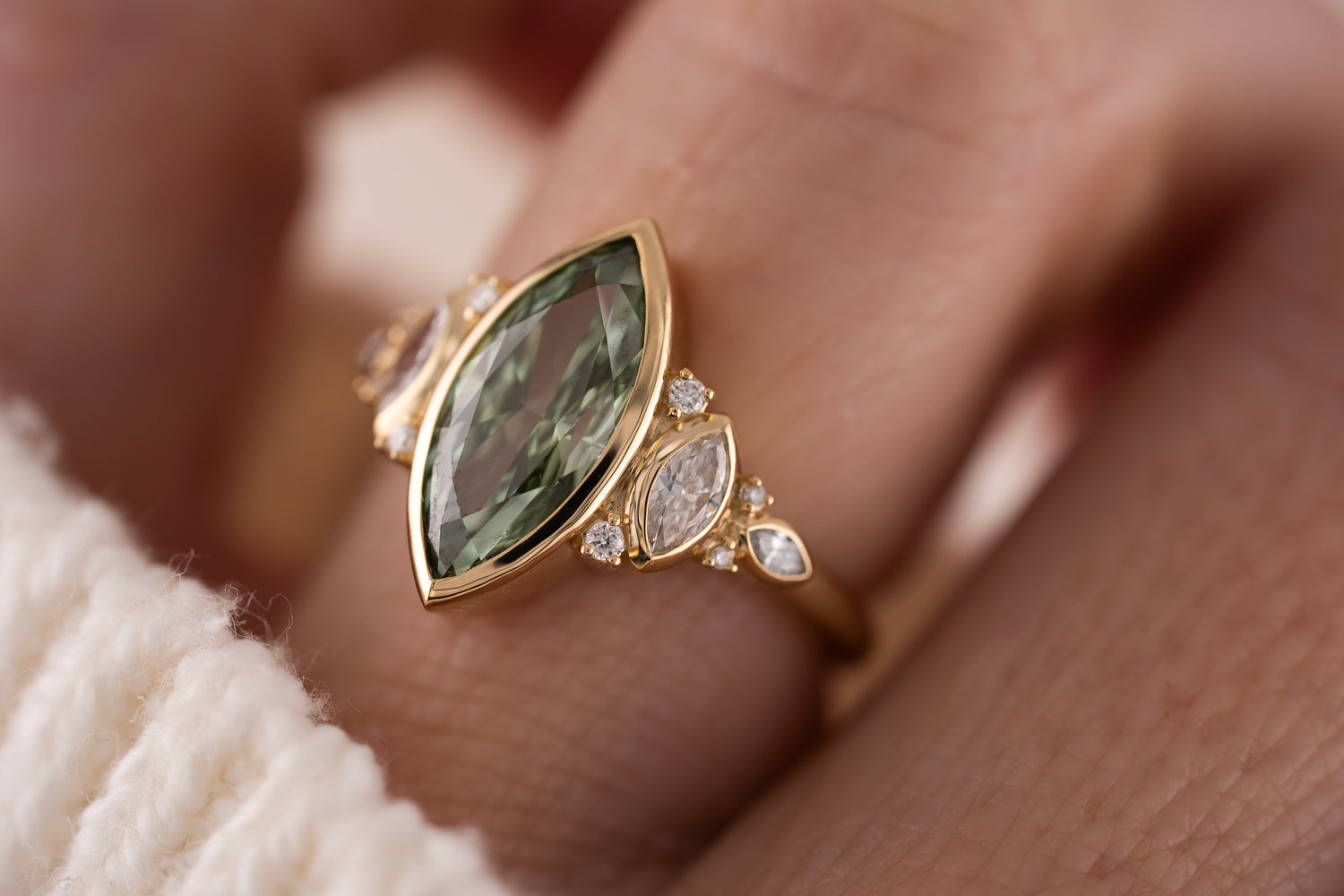 The All Bezel Maeve Ring | 2.72 CT Marquise Cut Green Diamond - Lavender Creek Gems 