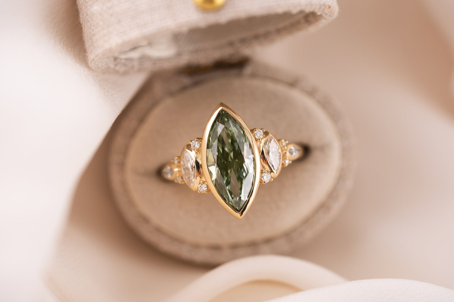 The All Bezel Maeve Ring | 2.72 CT Marquise Cut Green Diamond - Lavender Creek Gems 