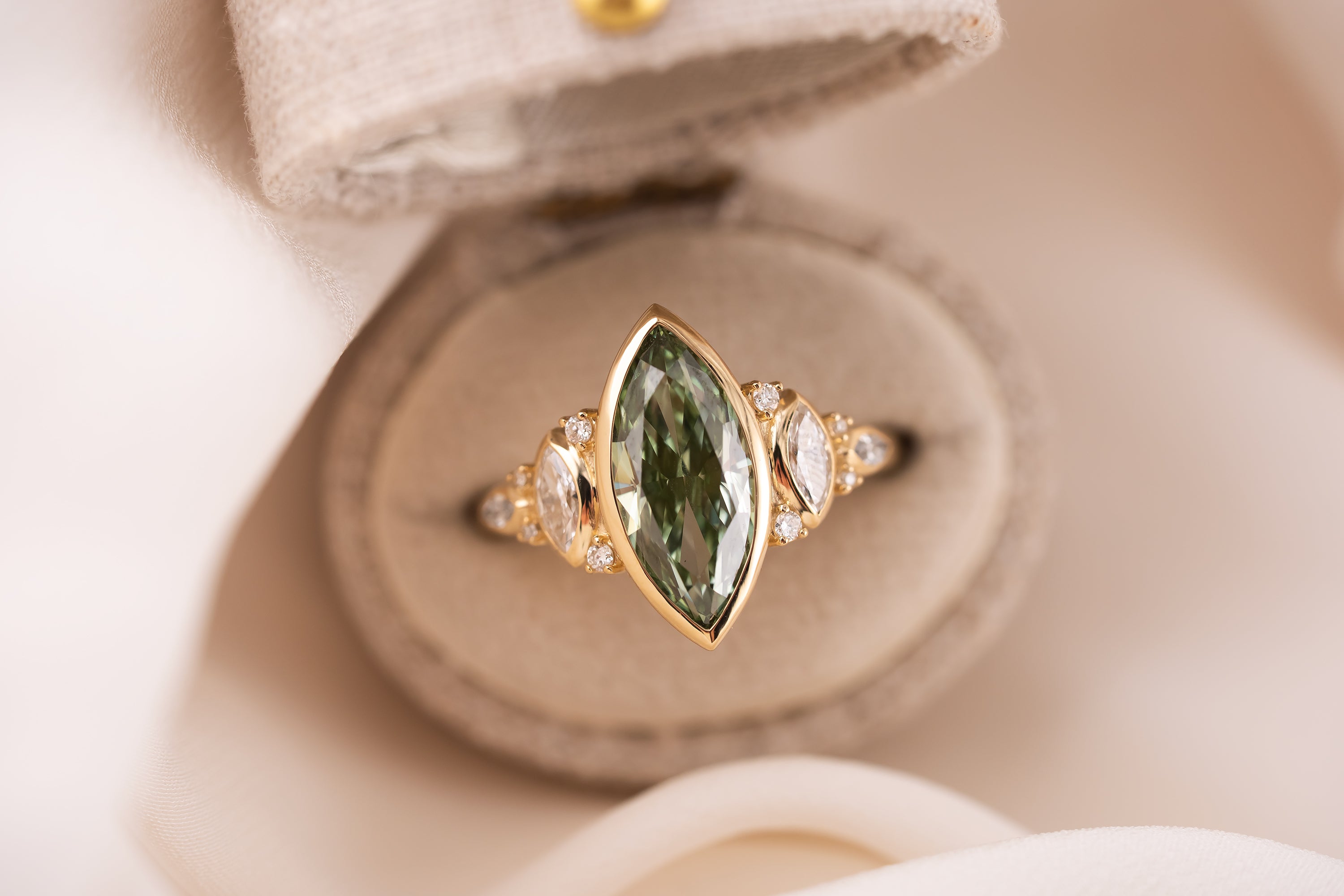 The All Bezel Maeve Ring | 2.72 CT Marquise Cut Green Diamond - Lavender Creek Gems 