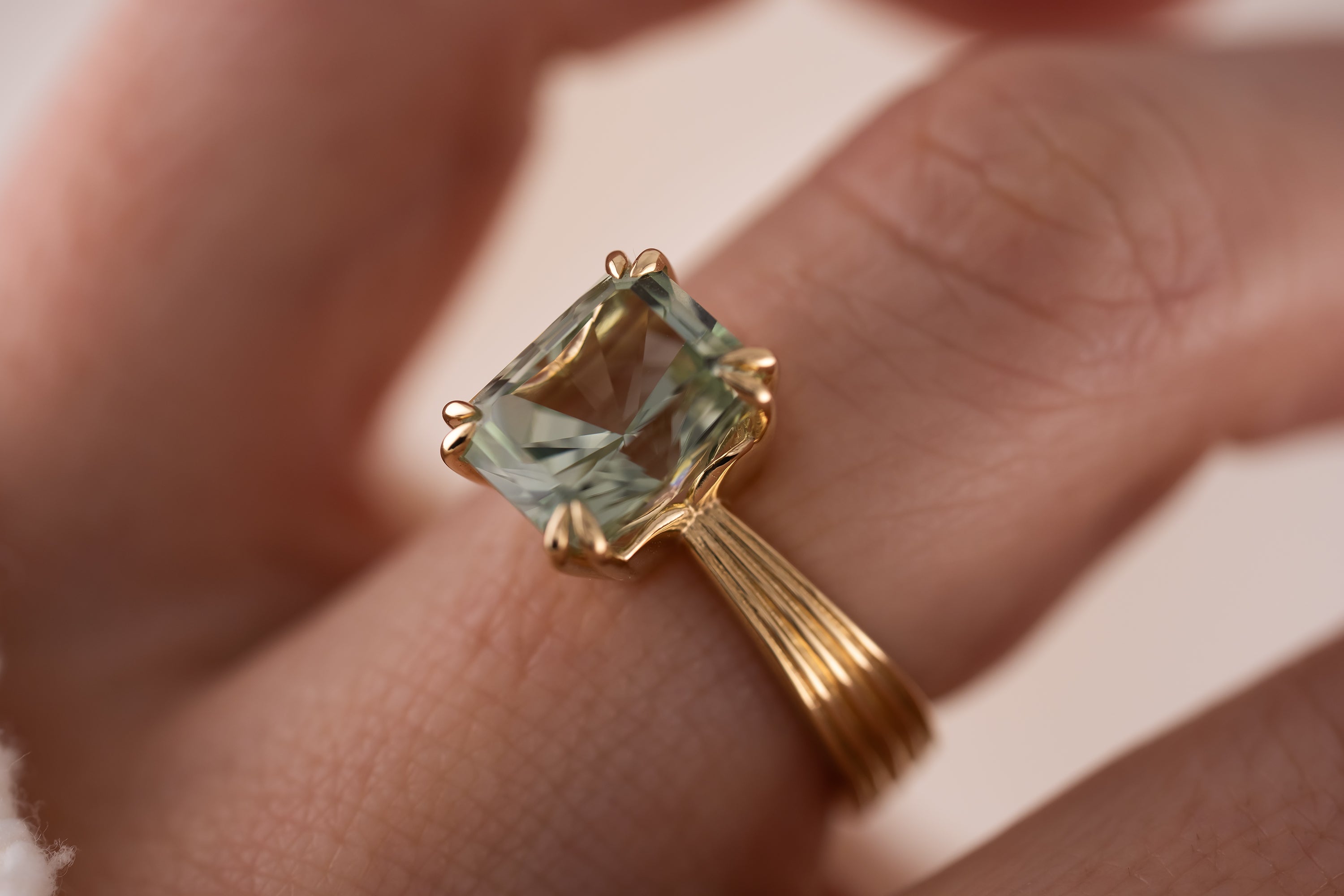 The Veil Ring | 4.2 CT Radiant Mint Green Tourmaline - Lavender Creek Gems 