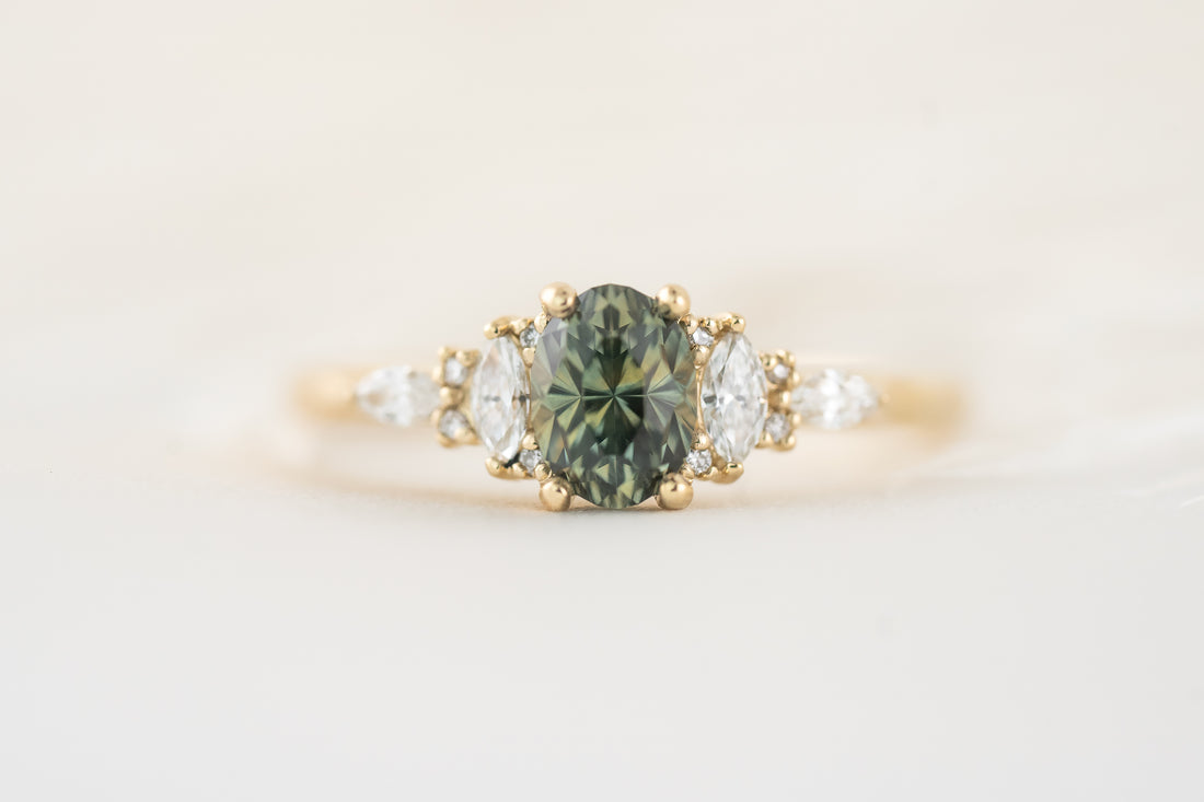 The Maeve Ring | 1.1 Regal Radiant™ Oval Parti Green Montana Sapphire - Lavender Creek Gems