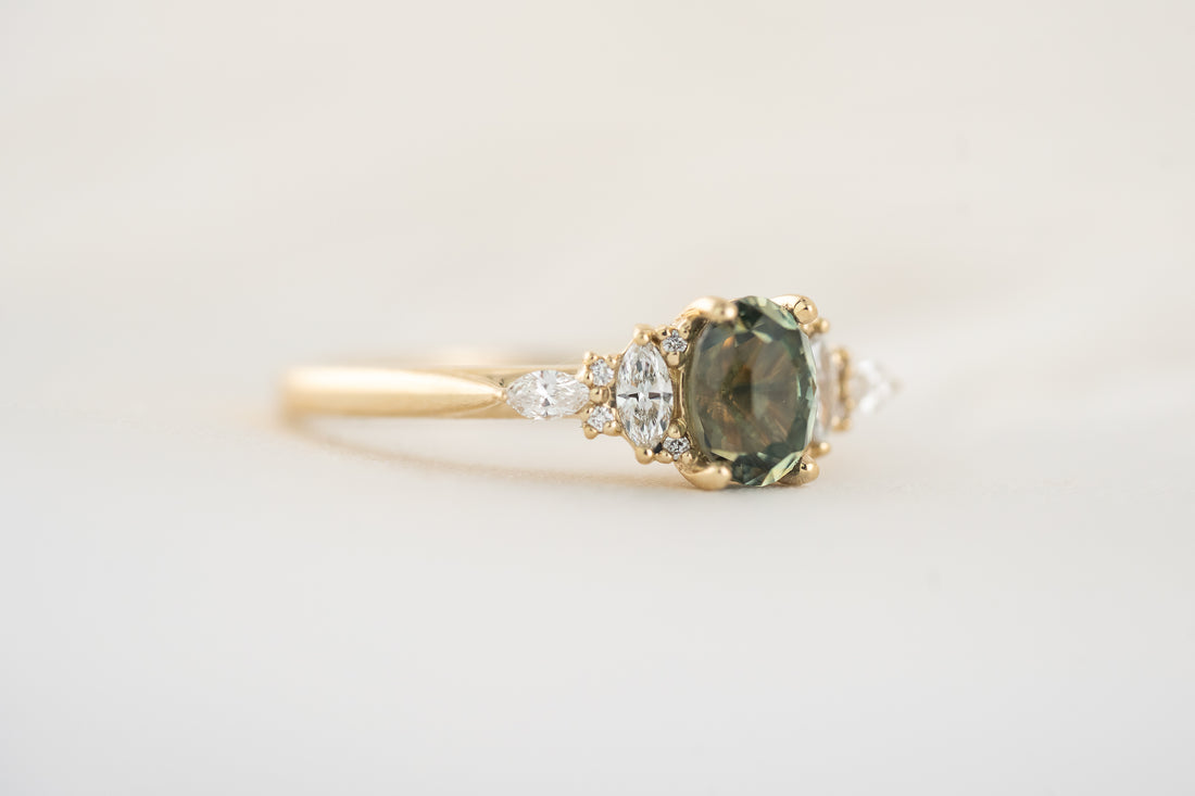 The Maeve Ring | 1.1 Regal Radiant™ Oval Parti Green Montana Sapphire - Lavender Creek Gems