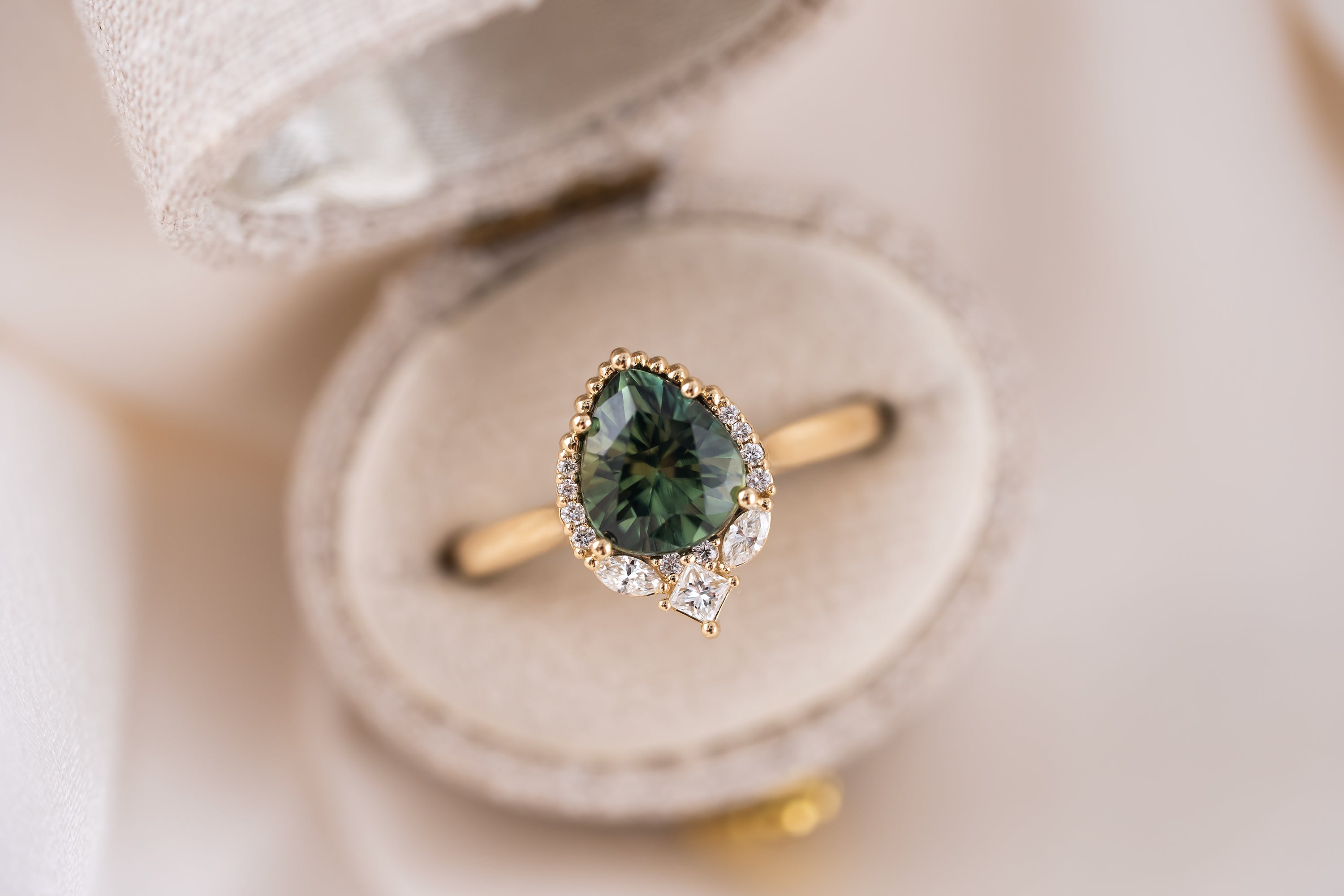 The Charlotte Ring | 1.84 CT Pear Teal Green Sapphire - Lavender Creek Gems 
