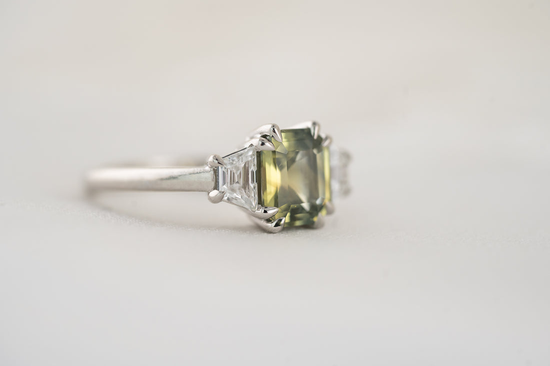 The Tría Ring | 1.9 CT Emerald Cut Green Sapphire - Lavender Creek Gems 