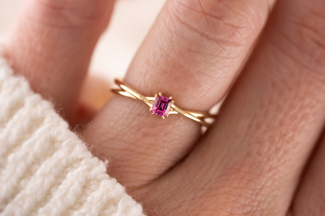 The Fates Ring | 0.21 CT Emerald Cut Hot Pink Spinel