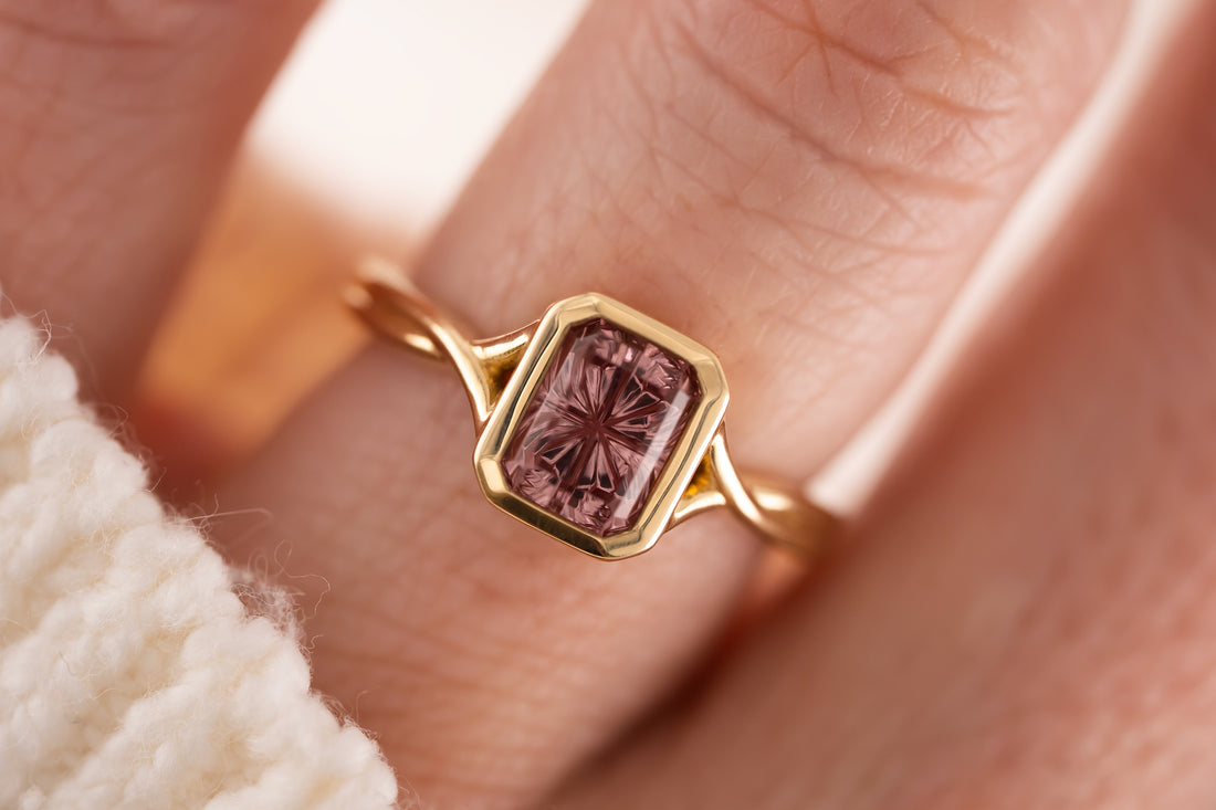 The Bezel Fates Ring | 2.06 CT Rectangular Starbrite™ Malaya Peach Garnet - Lavender Creek Gems 