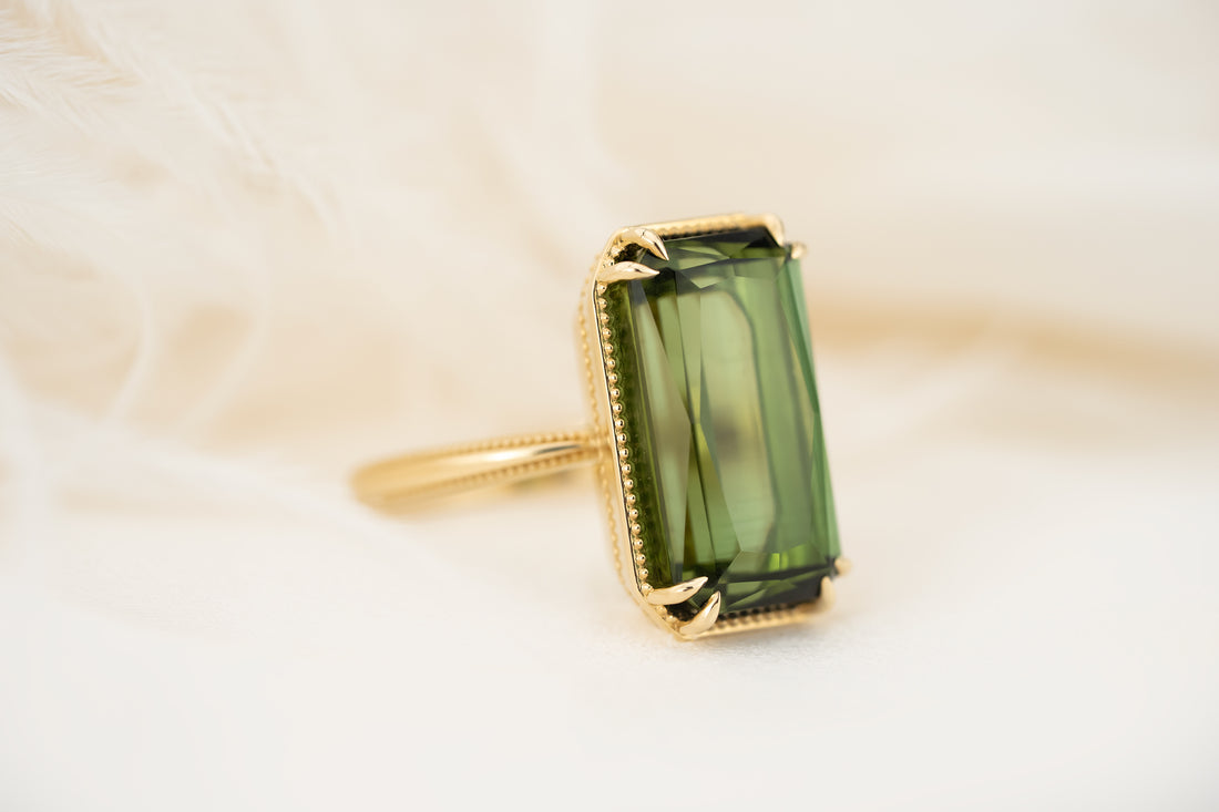 The Apate Ring | 10 CT Fancy Radiant Cut Green Tourmaline