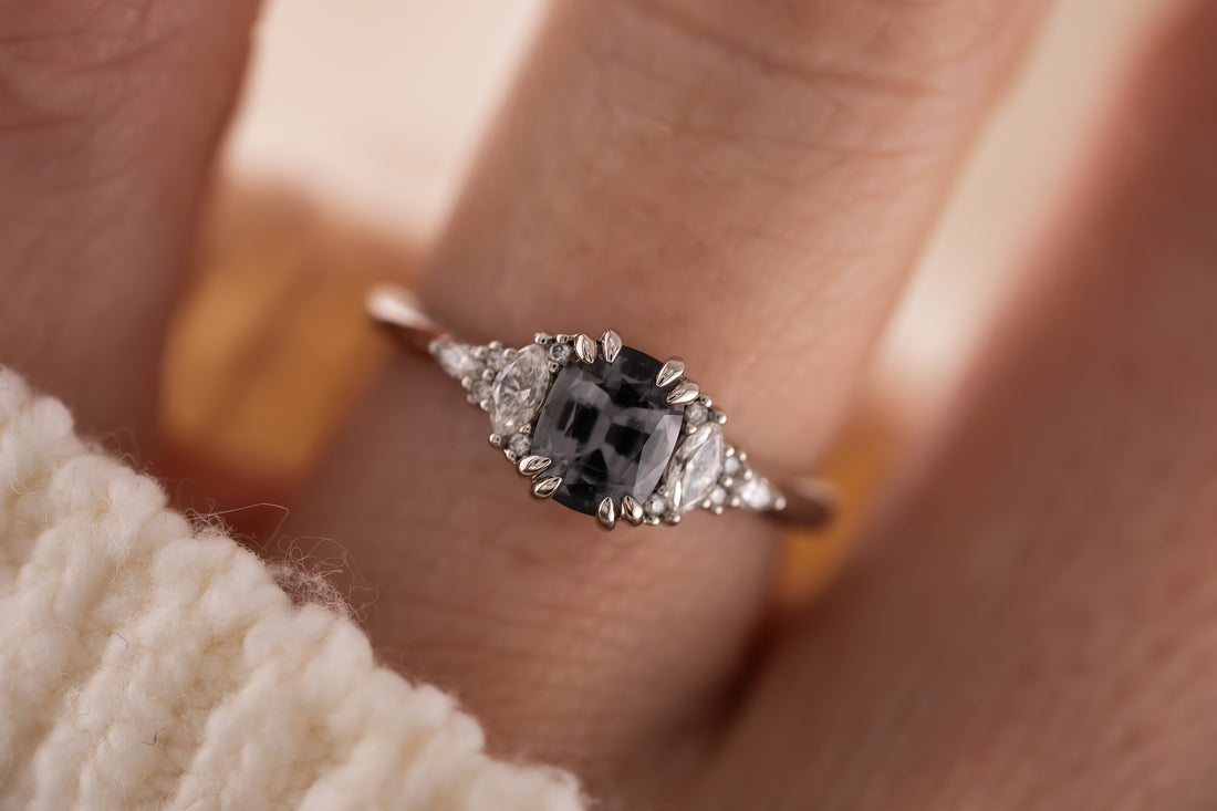 The Low Maeve Ring | 0.91 CT Elongated Cushion Gray Spinel - Lavender Creek Gems 