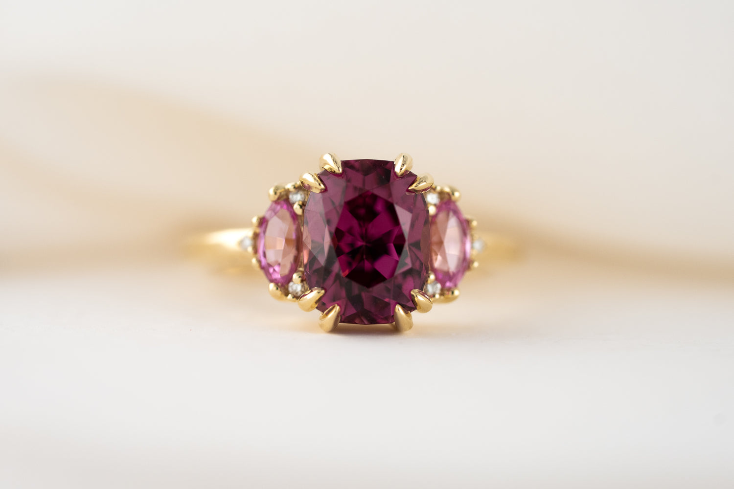 The Low Maren Ring | 3.88 CT Cushion Pink Garnet + Pink Sapphire