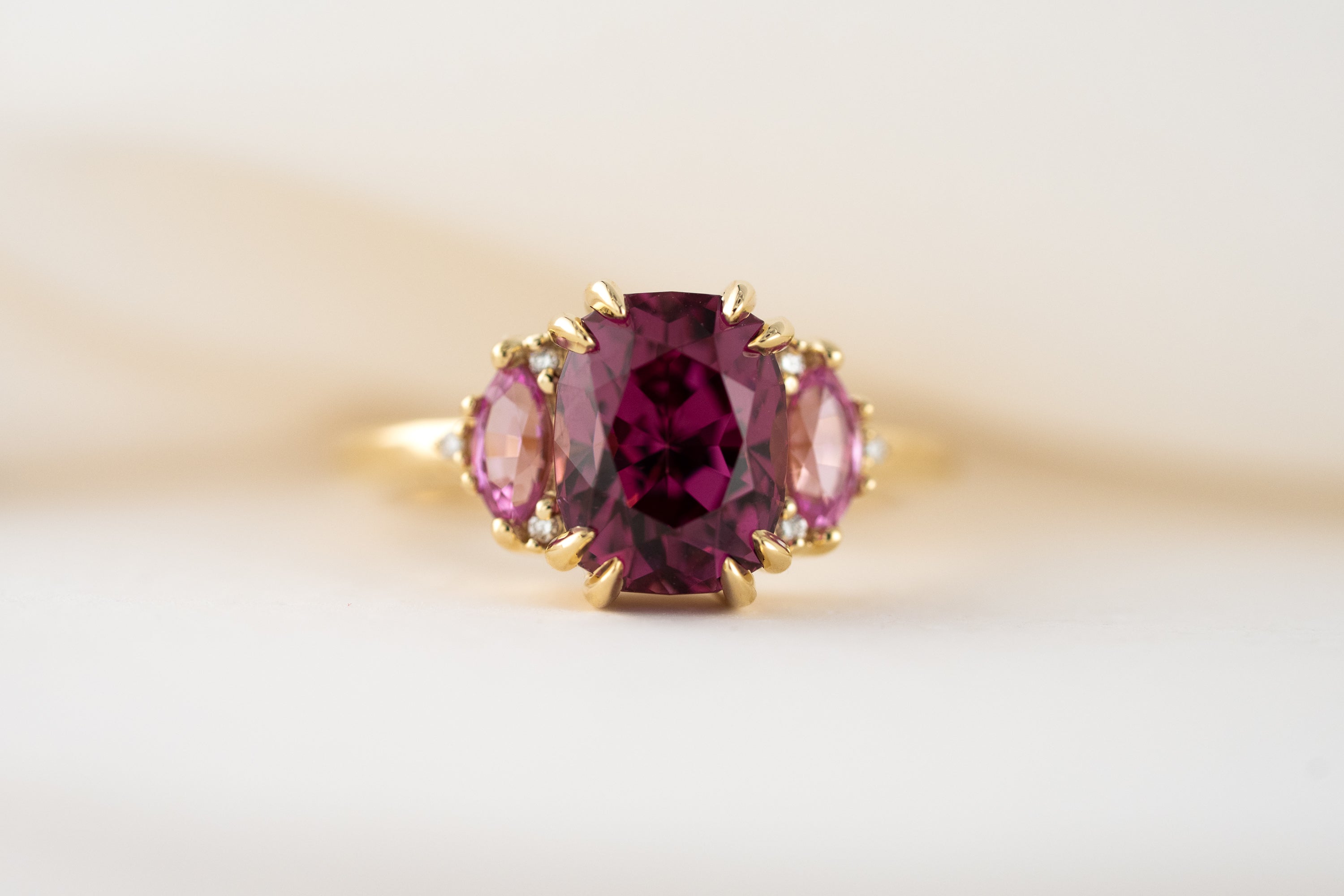 The Low Maren Ring | 3.88 CT Cushion Pink Garnet + Pink Sapphire