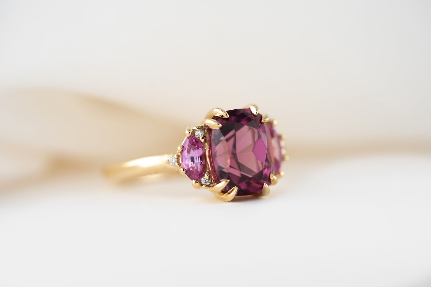 The Low Maren Ring | 3.88 CT Cushion Pink Garnet + Pink Sapphire