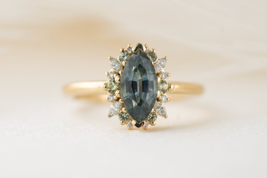 The Eleanor Ring | 1.4 CT Marquise Teal Montana Sapphire + Green Sapphire Accents - Lavender Creek Gems 