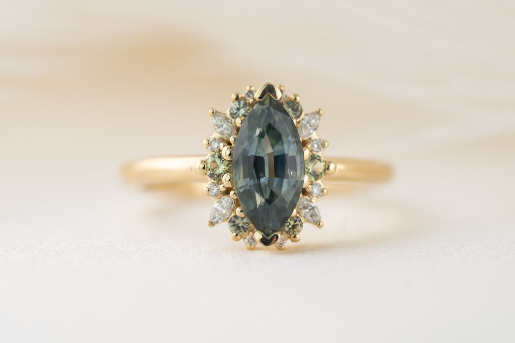 The Eleanor Ring | 1.4 CT Marquise Teal Montana Sapphire + Green Sapphire Accents - Lavender Creek Gems 