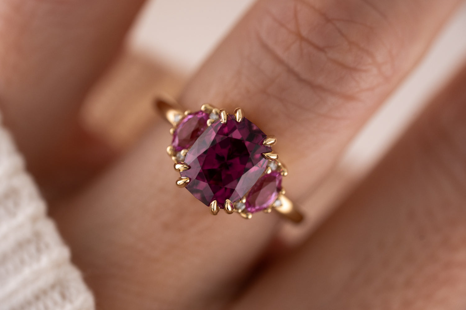 The Low Maren Ring | 3.88 CT Cushion Pink Garnet + Pink Sapphire