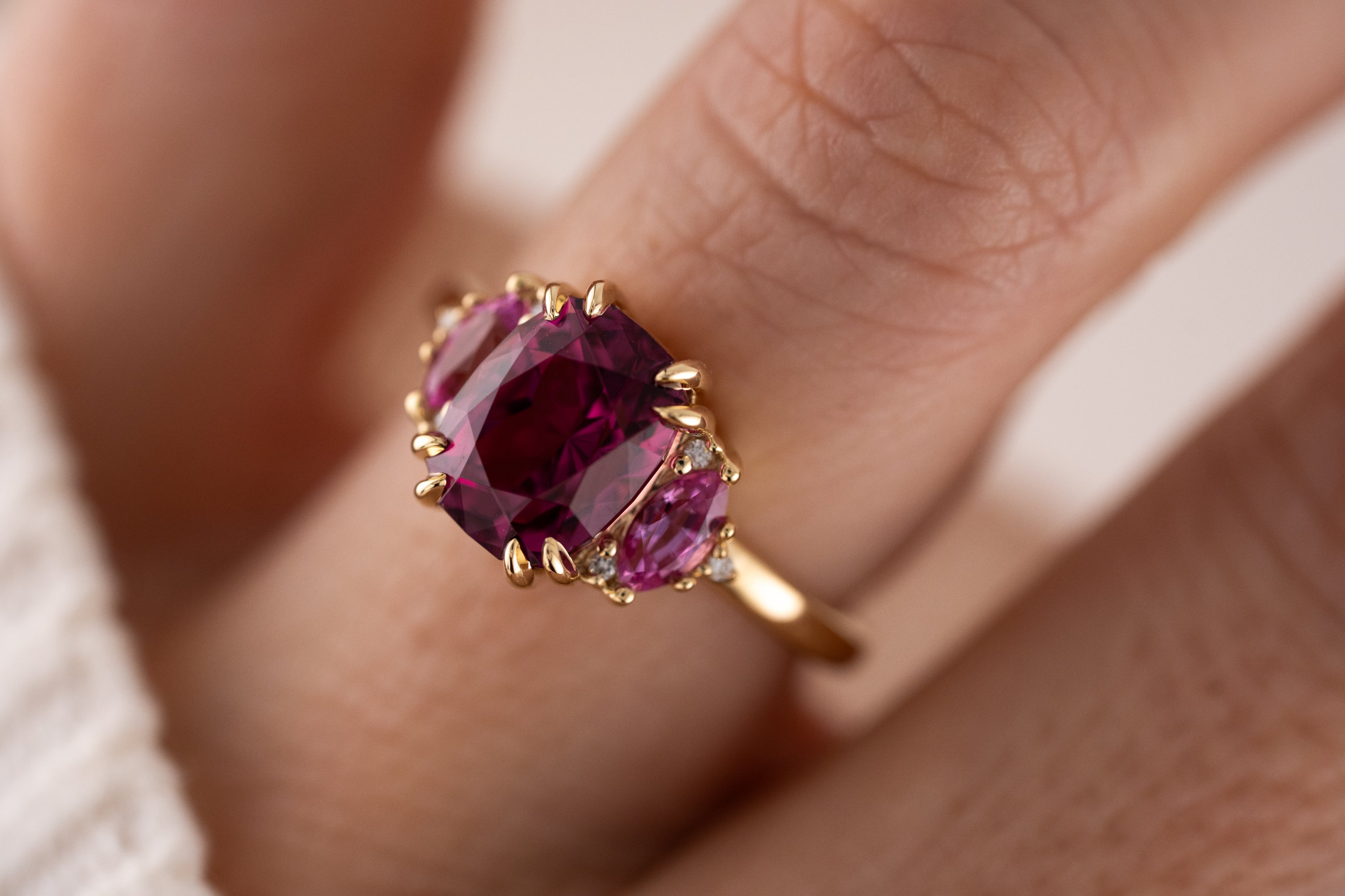 The Low Maren Ring | 3.88 CT Cushion Pink Garnet + Pink Sapphire