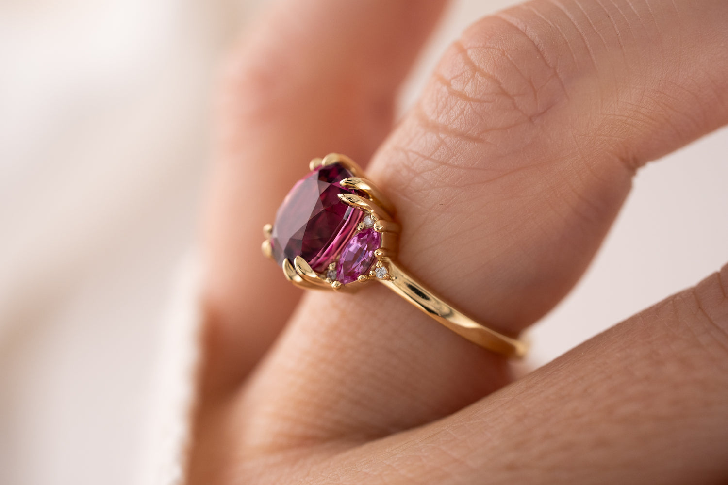 The Low Maren Ring | 3.88 CT Cushion Pink Garnet + Pink Sapphire