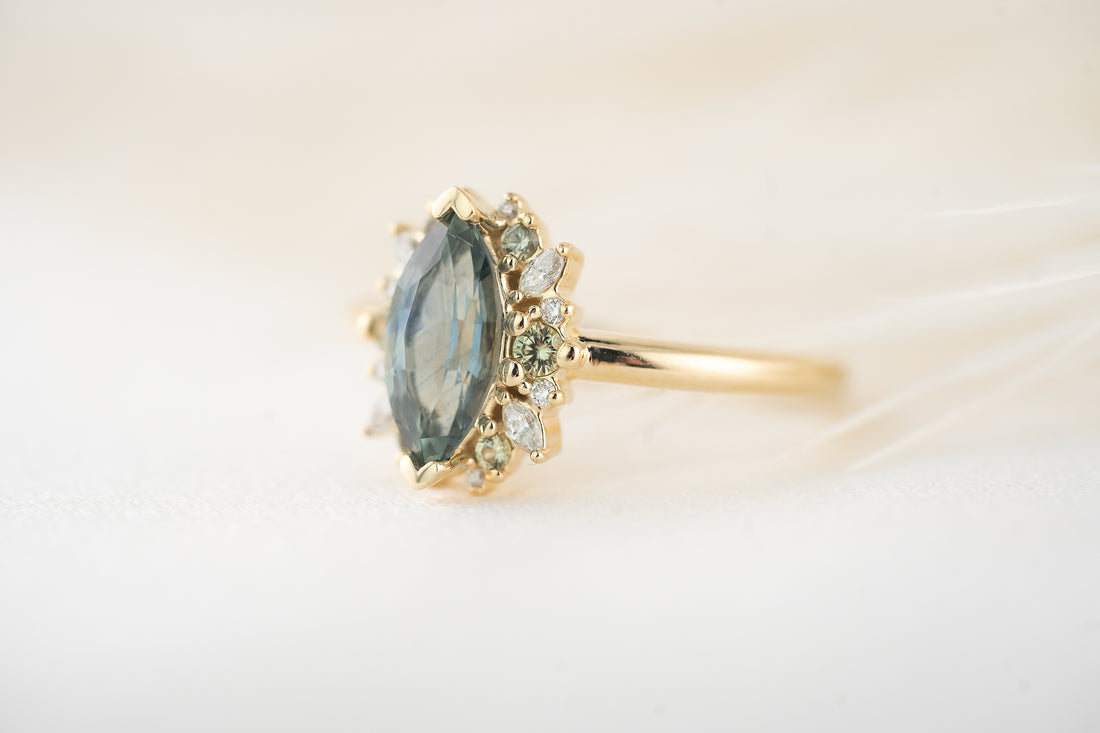 The Eleanor Ring | 1.4 CT Marquise Teal Montana Sapphire + Green Sapphire Accents - Lavender Creek Gems 