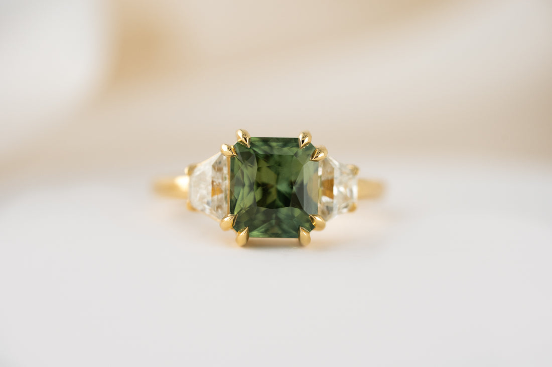 The Tría Ring | 3.09 CT Radiant Teal Green Sapphire - Lavender Creek Gems