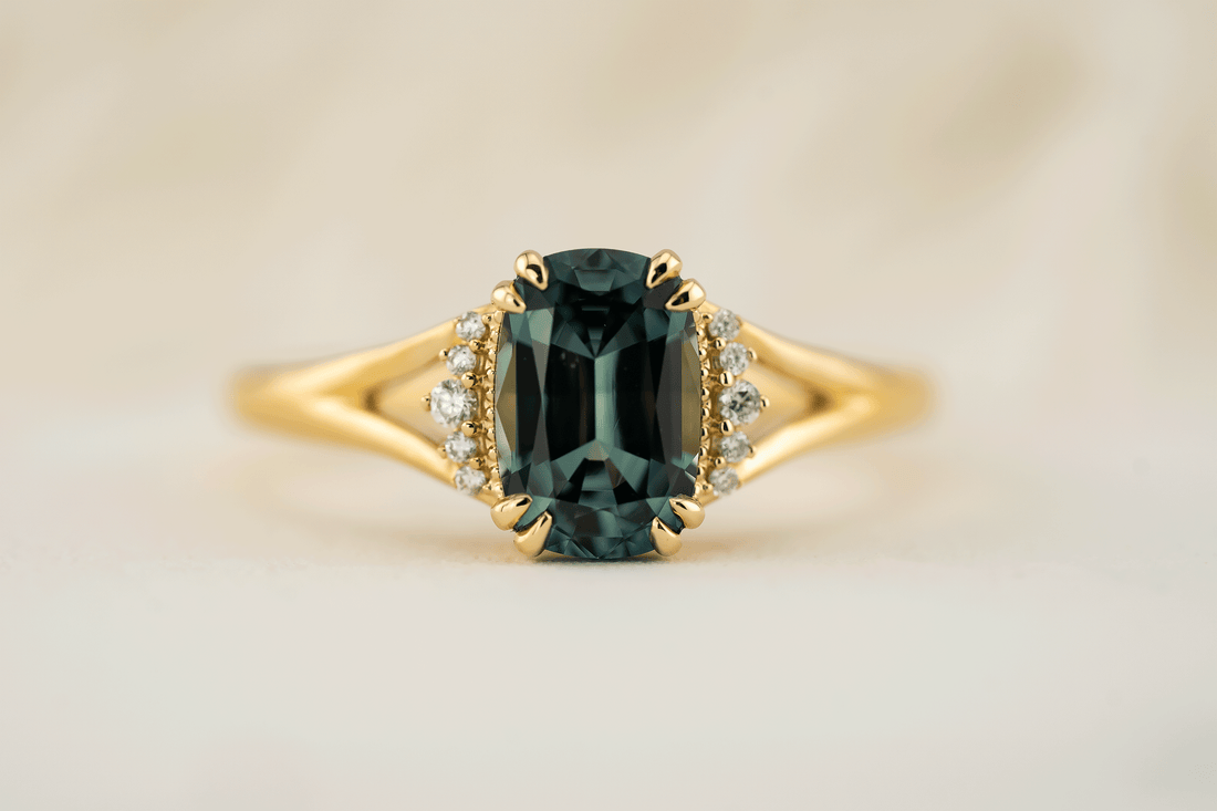 The Serendipity Ring | 1.71 CT Cushion Teal Blue Sapphire - Lavender Creek Gems