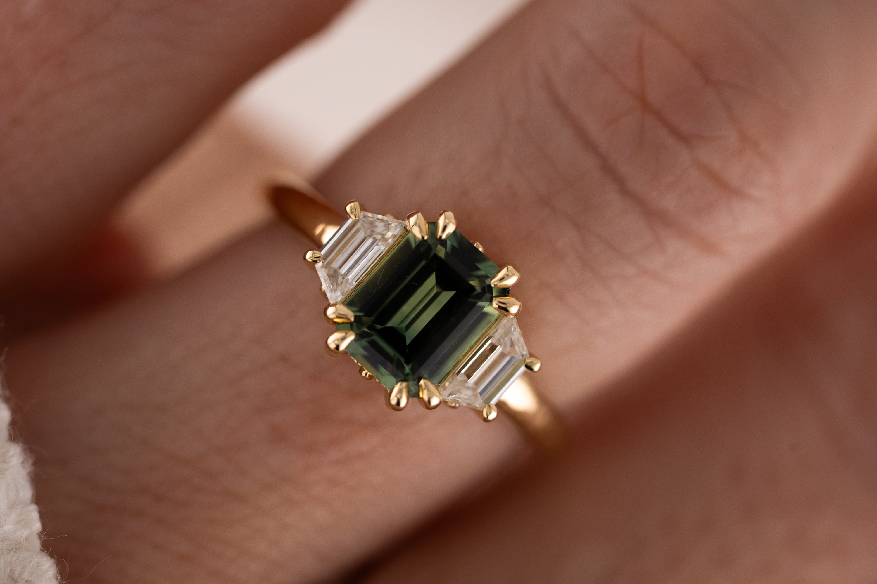 The Tría Ring | 1.85 CT Emerald Cut Teal Green Sapphire