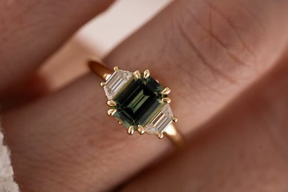 The Tría Ring | 1.85 CT Emerald Cut Teal Green Sapphire