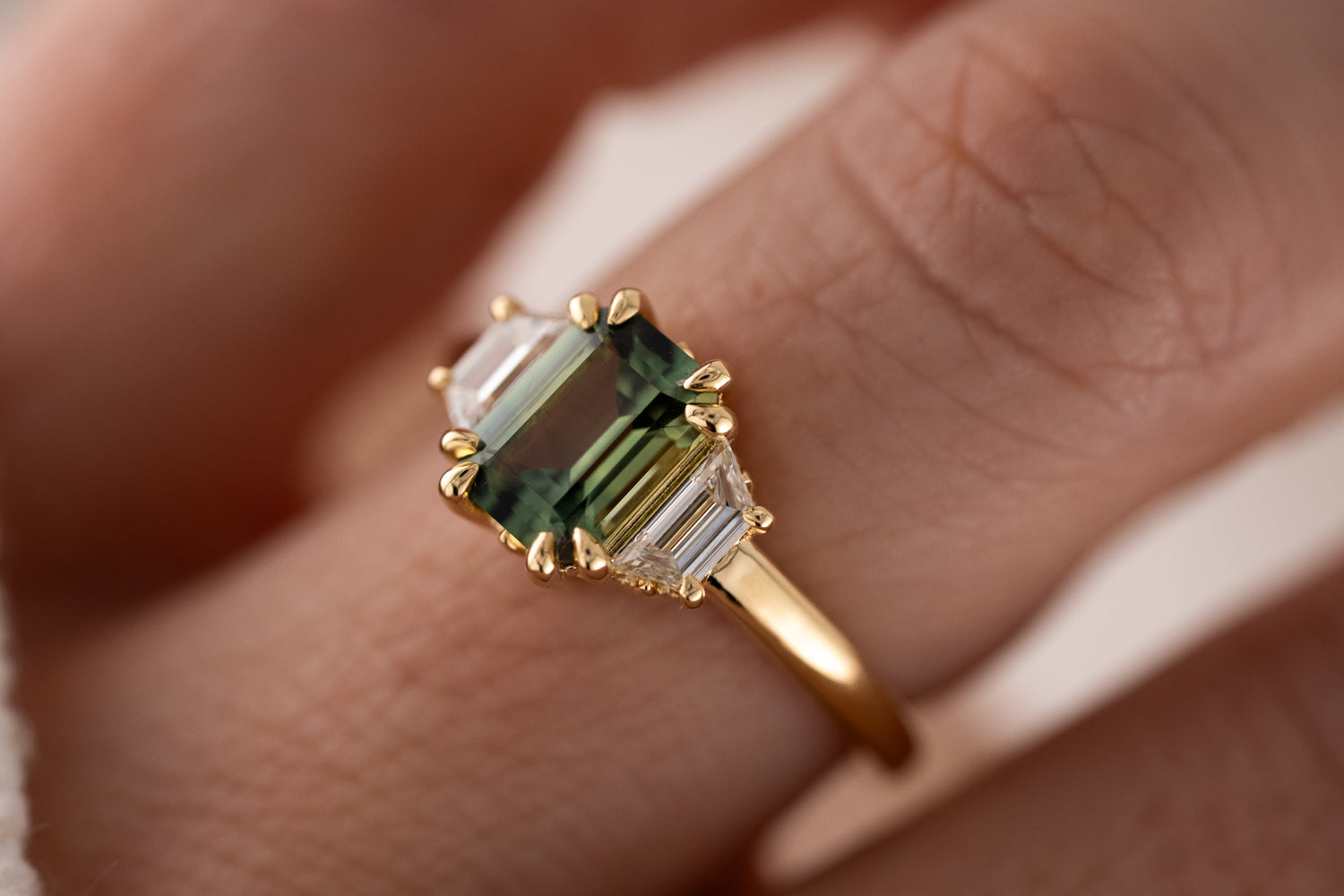 The Tría Ring | 1.85 CT Emerald Cut Teal Green Sapphire
