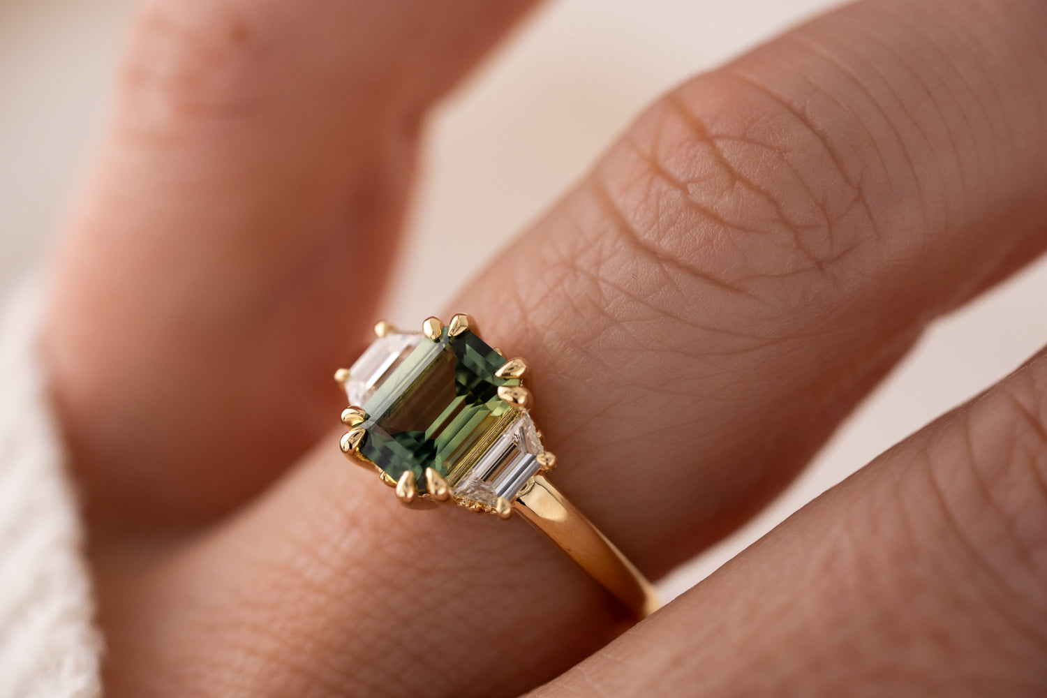 The Tría Ring | 1.85 CT Emerald Cut Teal Green Sapphire