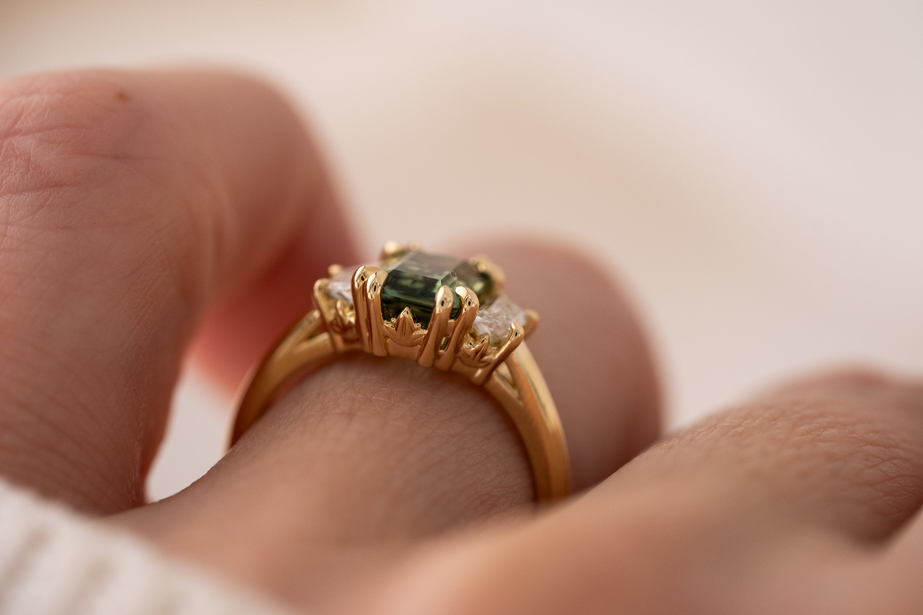 The Tría Ring | 1.85 CT Emerald Cut Teal Green Sapphire