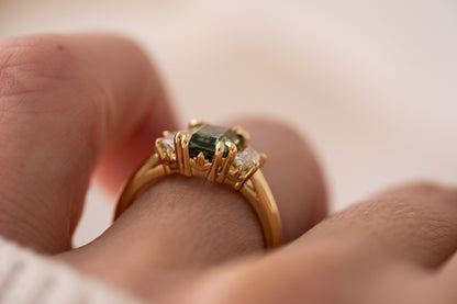 The Tría Ring | 1.85 CT Emerald Cut Teal Green Sapphire